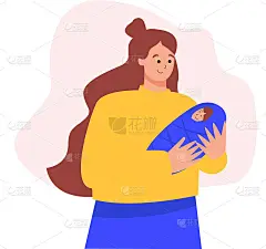 快乐的新妈妈把她的婴儿抱在怀里。妈妈照顾小孩。卡通风格的概念插图。