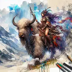 Ai产生的 女士 野蛮人 牦牛 动物 冬天 山 自然 矛 战士