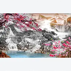 山水背景墙  - 源文件下载【酷图网】梅花,电视背景墙,壁画,装饰画,酒店墙画,背景墙,电视墙,墙面装饰,壁纸,客厅,卧室,玄关,走廊,书房,墙贴,3d立体背景墙,