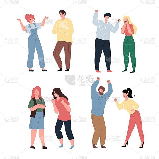 扁平的卡通争吵的人物设定在侵略性的情绪，冲突场景矢量插图的概念