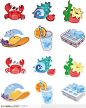 海滩度假图标－螃蟹,海螺,遮阳帽,柠檬饮料,冰块等