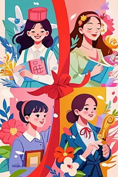 AI小提琴三八妇女节各职业女性人物插画