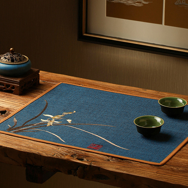 新中式禅意刺绣西餐桌盘垫布艺家用花瓶垫子...