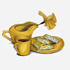 红茶面饼手绘画片免抠素材_新图网 https://ixintu.com 手绘美食 栀子花 茶壶 面饼 黄色