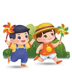 可爱春游阳光风车儿童节人物插图