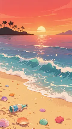 动漫风格插画，夕阳下的海边风景，橙红色渐变天空与海面交相辉映，金色沙滩上点缀着彩色贝壳和漂流瓶，远处是剪影式的热带岛屿轮廓，海浪呈现柔和的波浪线条，泡沫边缘带有光晕效果，整体画面温暖治愈，色彩饱和明快，光影对比强烈，细节精致，充满梦幻感。