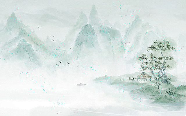 中国风淡蓝绿水墨山水插画海报背景素材