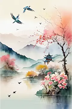 手绘国画中国风水墨画山水画插画