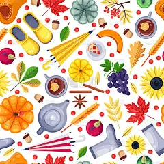 秋季彩色白色无缝图案。矢量平面插图。秋收、叶、食及辅料。
