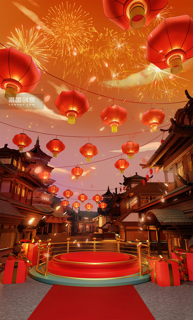 新年春节大吉快乐喜庆庆祝烟花灯笼夜晚图片...
