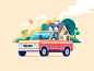 Pickup Truck house car nature color illustration