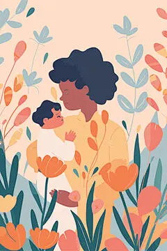 图源免费EPS |以她和孩子以及花朵为背景的矢量插画