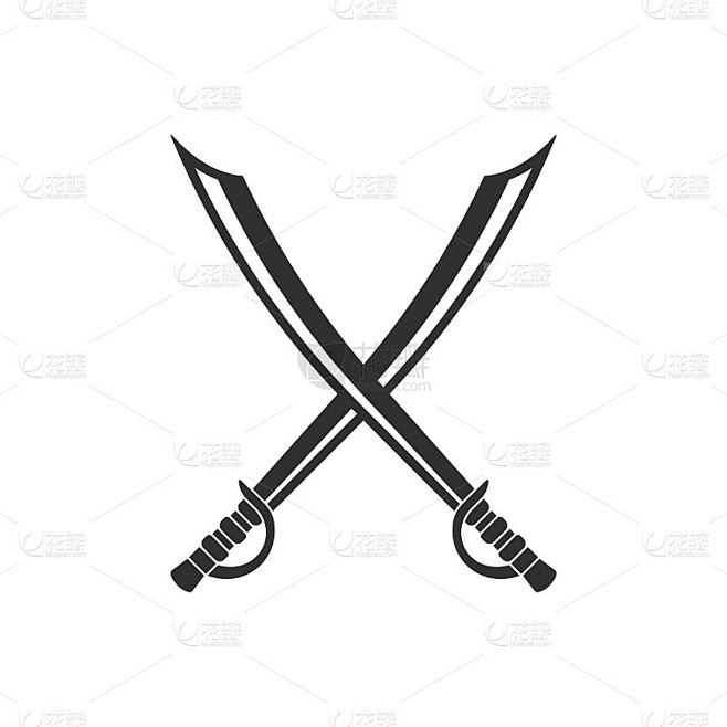 军刀图标。交叉弯刀图标。两把马刀或骑兵剑。矢量插图。