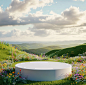 3D rendering of an empty podium in the center, surrounded by green hills and colorful wildflowers, with fluffy white clouds floating above, creating a dreamy atmosphere. The scene is illuminated by soft sunlight, casting gentle shadows on the ground