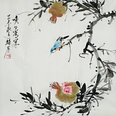 文人画家梅石手绘花鸟国画石榴作品笑口常开原稿真迹字画书画心-淘宝网