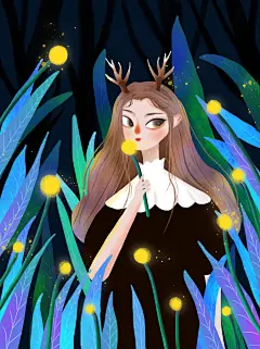 深蓝时尚高级感森林树木手绘插画