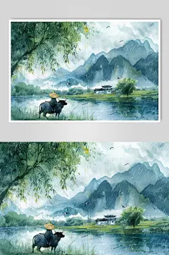 AI数字艺术清明节中国风牧童插画