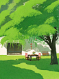 Midjourney - 浪漫古风水彩画绿色草坪树木场景插图奇域ai绘画关键词咒语 奇域画廊-Ai宇宙吧-