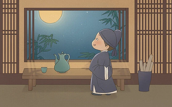 静夜思古诗词卡通插图诗人思念家乡-花瓣网