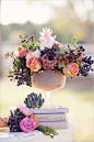 vintage wedding floral ideas less mauve and pinks more corals, greens and oranges. Like the style of arrangment for cake desert table.