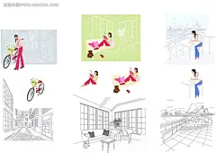 城市女孩家居线描韩国插画AI|绘画设计|角色|卡通人物|卡通人物图片|漫画人物|人物插画|人物素材|人物图片|矢量人物|矢量图|手绘人物|水彩