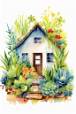 建筑绿植房屋花园插画