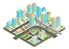 等距城市建筑房屋场景插画