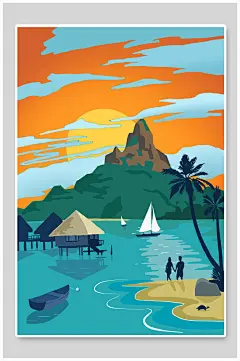 清新蓝黄手绘高端大气时尚旅行插画