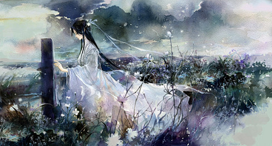 唯美小清新水彩古装插画_小清新