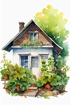 建筑绿植房屋花园插画