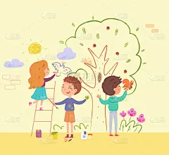 孩子们在幼儿园里刷墙。孩子们用画笔做创意艺术矢量插图。小男孩和小女孩用颜料画着树、鸟、松鼠