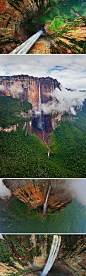 【世界最高的瀑布--安赫尔瀑布“Angel Falls”】位于委内瑞拉境内，瀑布于高山峭壁之间，落差高达979米，凌空飞垂，珠飞玉溅，云雾蒸腾，山谷轰鸣。衬以两旁参天古树，嶙峋怪石，壮丽之外又添几分肃穆之美。由于高度过高，以致瀑布的水很难真正落到谷底，而是被风吹散在半空中 。