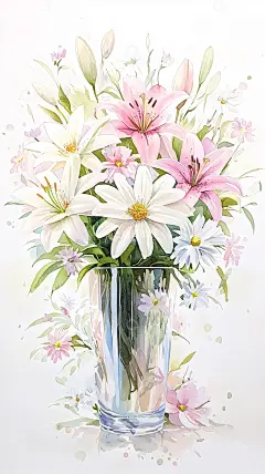 百合花与雏菊的透明玻璃花瓶插画