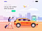 Zabo Rider Illustration Design zabo love web app color logo ux branding lake surface and reflection mobile phone and map white clouds and sky airplane and car architecture and city passengers and drivers take a taxi design building illustration ui icon