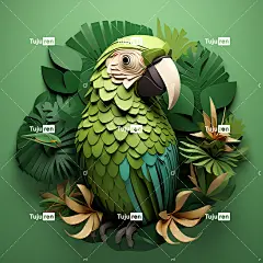 绿叶鹦鹉杂志封面，素描风格，纸雕