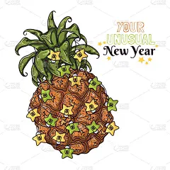 矢量手绘菠萝装饰新年灯笼。