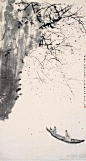 #国画#【 傅抱石 《碧溪游舟图》】镜心，纸本设色，124×66cm，1962年作。在秋高气爽，阳光灿烂的季节，一阵清风吹来，树林里片片红叶飘落，漫天飞舞的红叶，好象是天上下起了丝丝红雨。画面下方，简练的笔墨勾勒了一叶扁舟，船尾坐一高士，陶醉于秋日美景中。整幅画作，删繁就简，用墨淡雅，用笔精致。