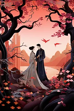 温馨情人节古风剪纸风牛郎织女七夕人物插画