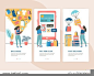 Bundle of vertical web banner templates with stages of online shopping - choice, payment, delivery. Set of scenes with woman buying goods in internet store. Colorful vector illustration in flat style.