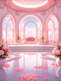 3d backdrop for your anime girl scene pink aw, in the style of architectural compositions, rich tonal palette, daz3d, light orange and white, coastal scenes, rococo interiors, asymmetric compositions