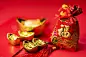 Chinese new year decorations, Auspicious ornaments on red backgr