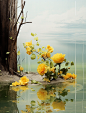 image of a beautiful garden with flowers and tree branches, in the style of minimalist backgrounds, hyper-realistic water, yellow and silver, playful still-lifes, water and land fusion, sabattier filter, organic designs