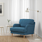 STOCKSUND 斯托桑 单人沙发/扶手椅 - 利恩金 蓝色, 利恩金 蓝色, 浅褐色  - IKEA : IKEA - STOCKSUND 斯托桑, 单人沙发/扶手椅, 利恩金 蓝色, 利恩金 蓝色, 浅褐色, , 扶手椅加宽加深的贴心设计，为您提供足够空间来舒适歇坐或放松。厚实的靠垫带有袋装弹簧芯，上覆泡沫片和聚酯纤维布料表面，柔软舒适，可为您提供更好的支撑。袋装弹簧芯经久耐用，可长期保持柔软舒适不变形。LJUNGEN 利恩金 垫套采用聚酯纤维布料制成，非常耐磨，表面柔软，有天鹅绒般的触感，而且轻微
