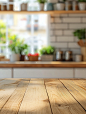 Empty beautiful wooden table on blurred bokeh kitchen background with food montage, modern minimalist style. , 8k, real photo, high resolution, no grainy details