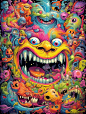 the monster is large and colorful with many different kinds of colors, in the style of psychedelic portraits, grindcore, hyper-detailed illustrations, giorgio vasari, caricature faces, joyful chaos, yup'ik art