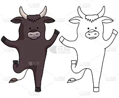 可爱的卡通牛。手绘矢量插图。一套轮廓和彩色图画孤立在白色上。有趣快乐的动物角色。东方日历上的符号20