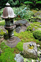 Stone lantern, purification basin with ladle in Japanese garden