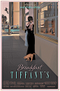 蒂凡尼的早餐（Breakfast at Tiffany‘s）（1961）
六十年代的海报宣传都是张扬人物的特色，很少融入场景设计。在Laurent Durieux的诠释中，选择了电影中最为经典的橱窗前的场景。从侧面视角展示全貌，包括路边等待的人与车，都一并出现在插画中。