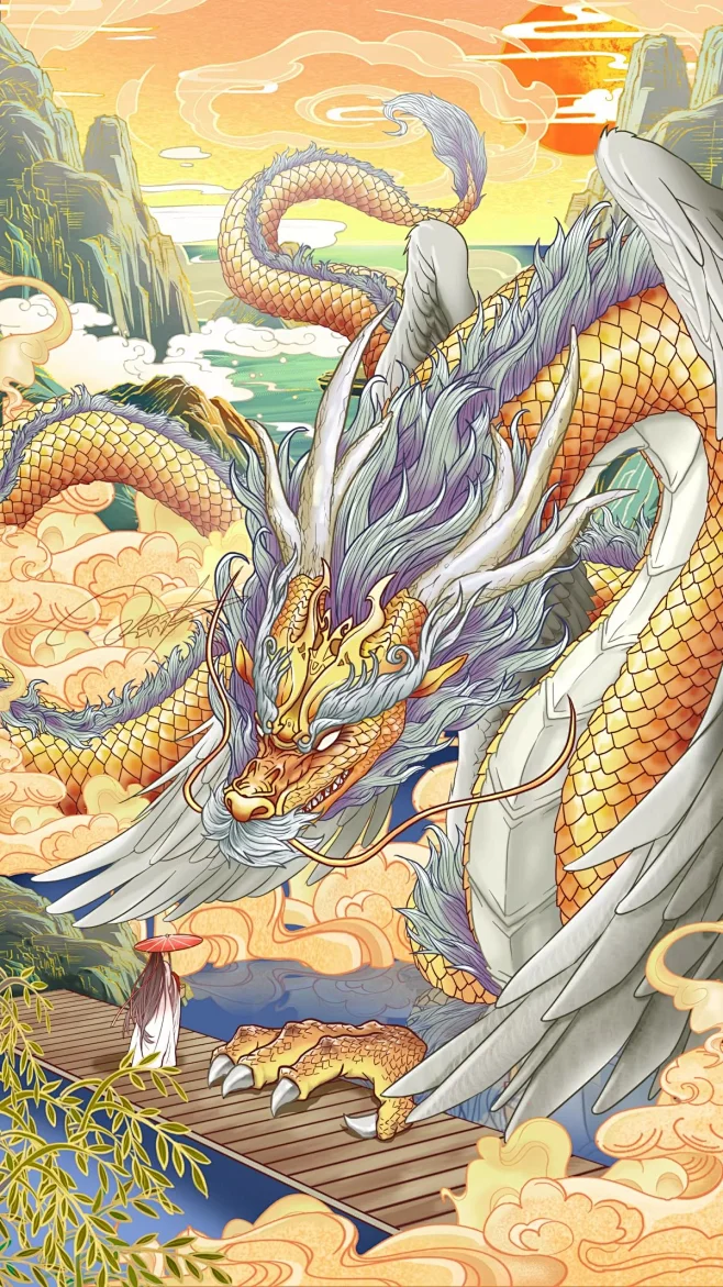 山海经应龙 国潮插画-花瓣网