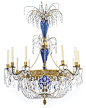 A Russian Neoclassical cut glass-mounted ormolu and blue glass twelve-light chandeliercirca 1800: 